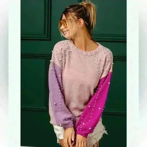 NWT BiBi Pink Pearl Embellished Chunky Knit Crewneck Oversized Sweater Small - Picture 1 of 5